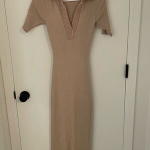 Caroline Constas tan Bodycon Dress with Plunge Neckline